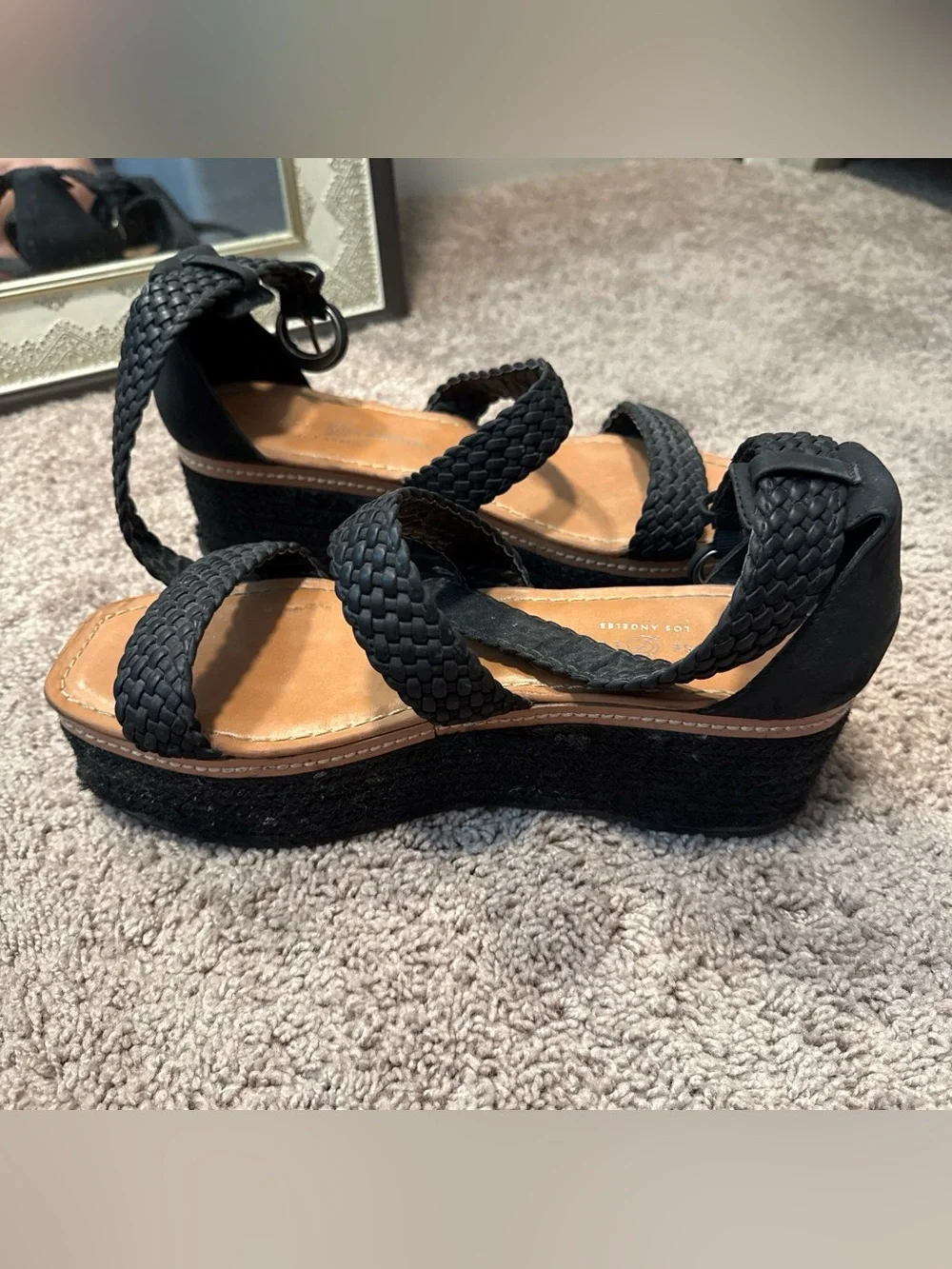 Chinese Laundry Black Braided Platform Sandals with Ankle Strap